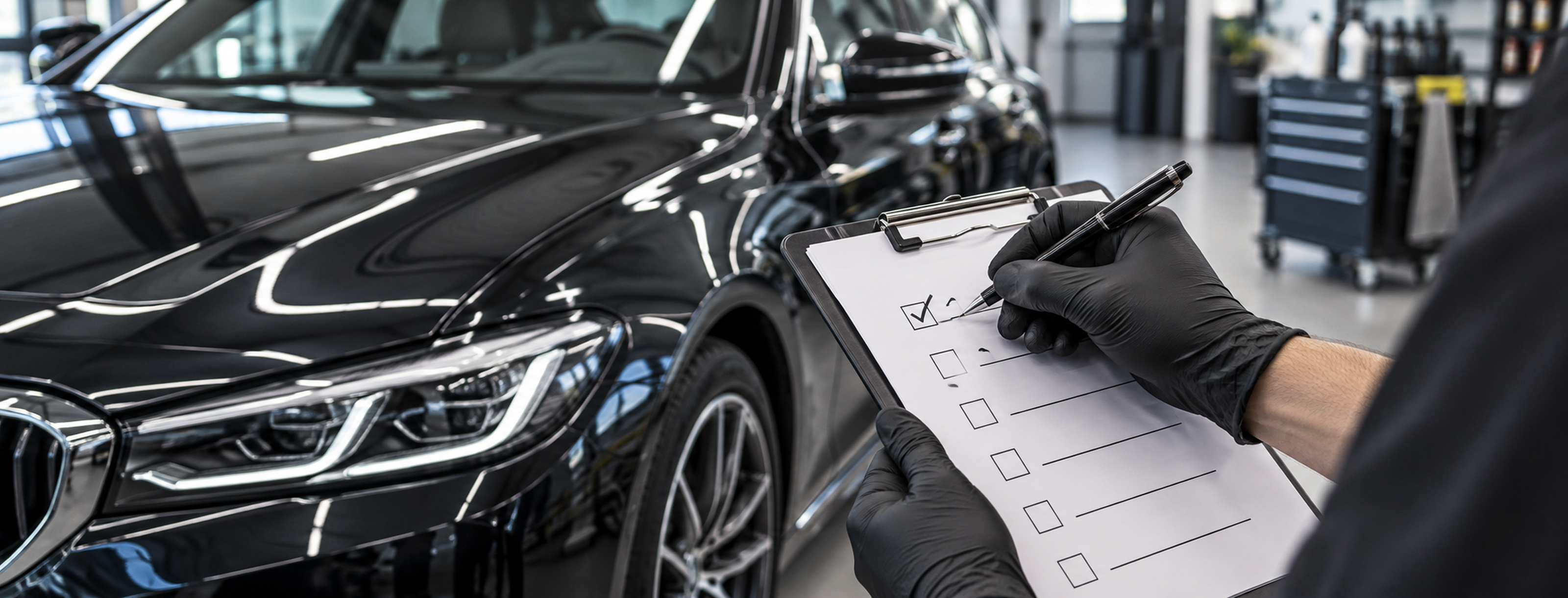 Main gantée cochant une fiche sur un bloc-notes, voiture en arrière-plan